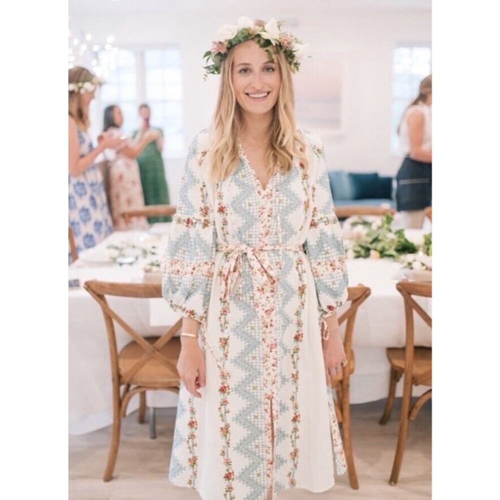 D'Ascoli XS Hand Embroidered Tidewater Dress White/Blue/Roses Floral Cotton/Silk